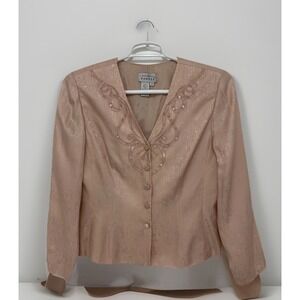 ADRIANNA PAPELL Elegant S12 Blush Pink 100% Silk Embroidered Button Front Jacket